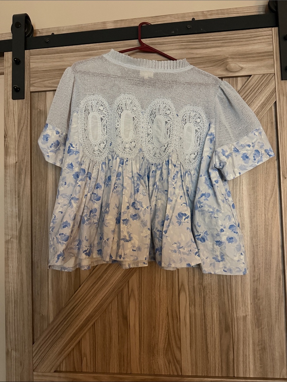 Anthropologie Light Blue Crochet Yoke Floral Babydoll Top - Picture 3 of 7